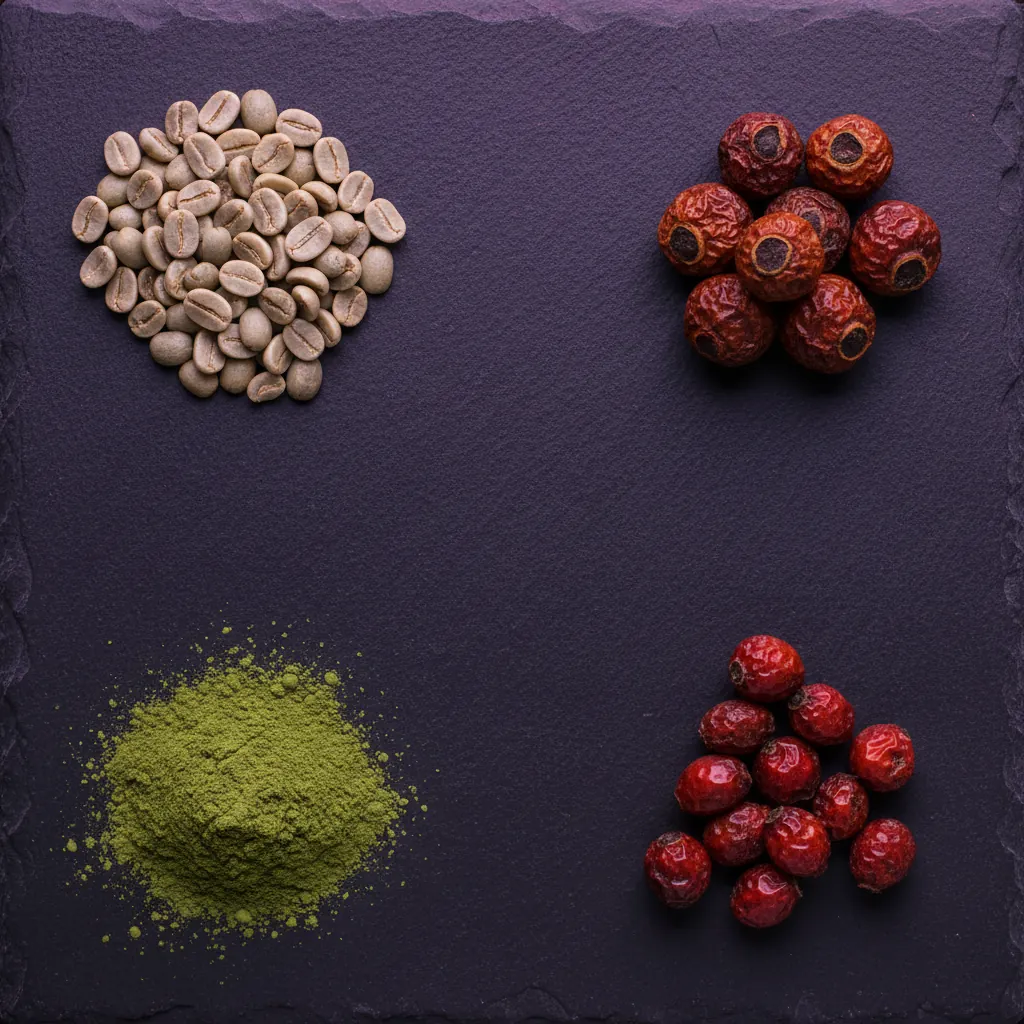 Botanical ingredient flat-lay: green coffee beans, guarana seeds, matcha powder and rosehip - green coffee extract food supplement